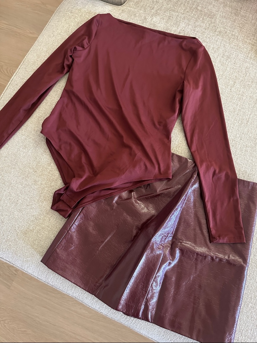H&M & Francesca’s Burgundy Long Sleeve Bodysuit with Matching Faux Leather Skirt